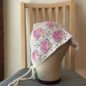 Crochet Mushroom Bandana Hair Scarf Kerchief Granny Squares Pink Beige Mushrooms